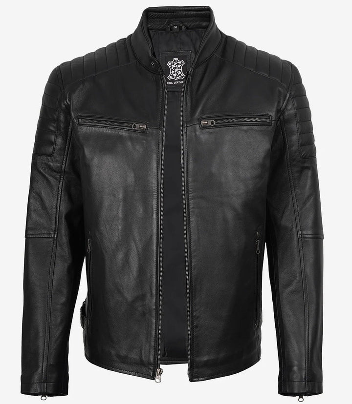 Men’s Real Leather Cafe Racer Jacket with Padded Shoulders