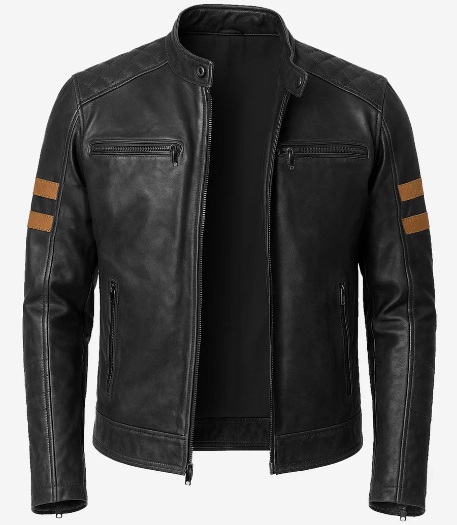 Mens Black Biker Style Leather Jacket with Tan Accent Stripes