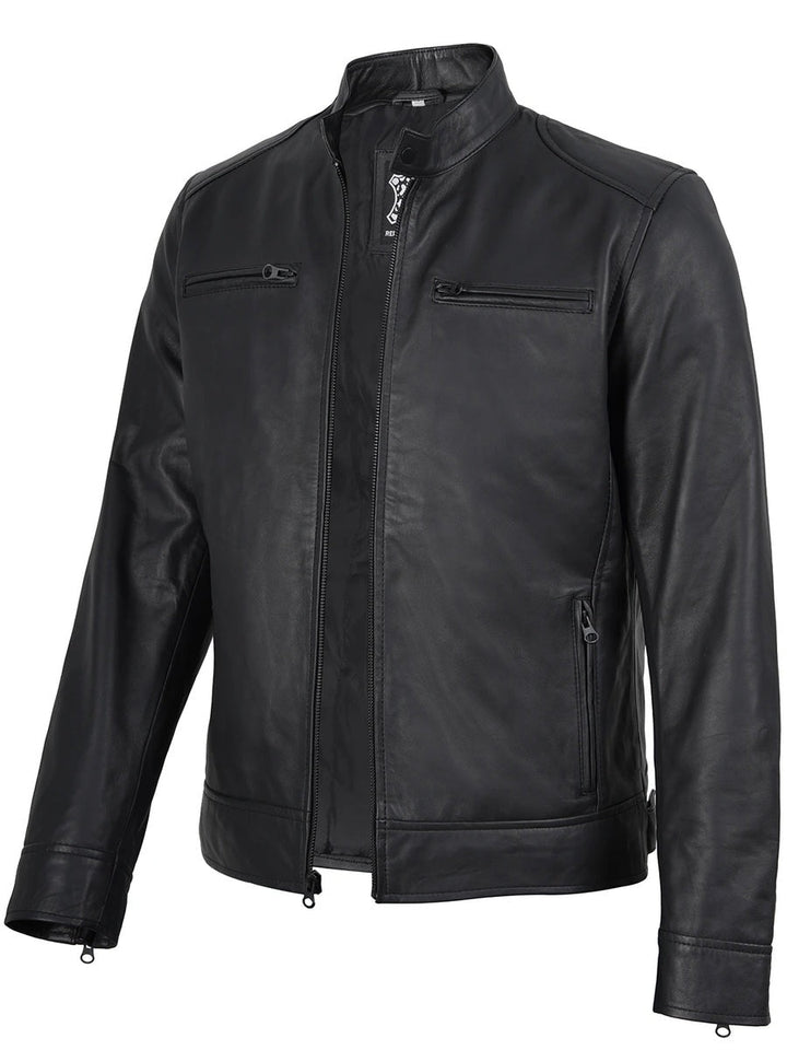 Men's Matte Black Cafe Racer Style Leather Jacket