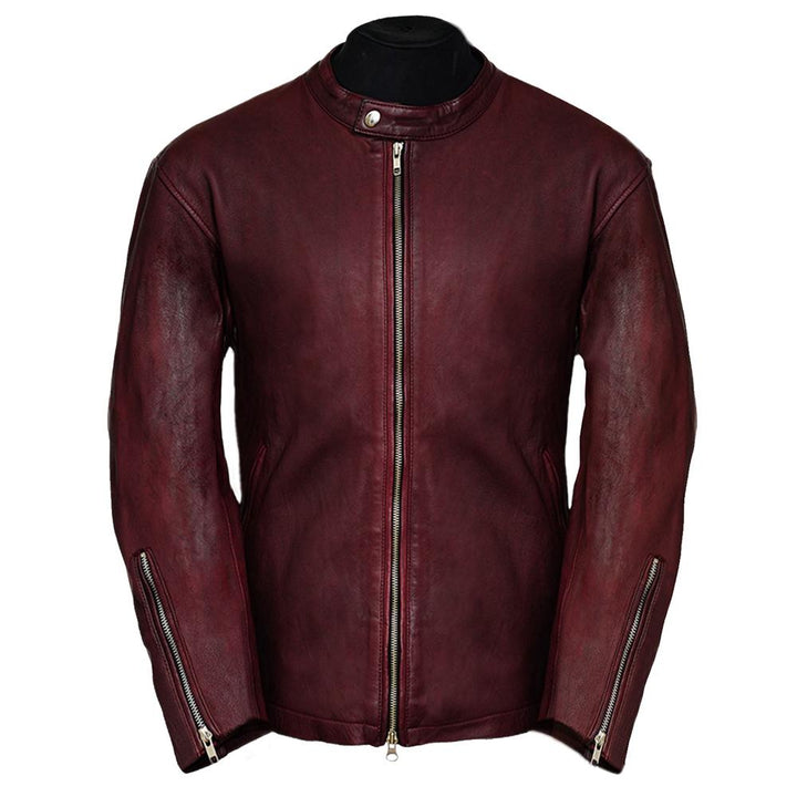Moto Racer Burgundy Leather Jacket for Men - Genuine Slim Fit