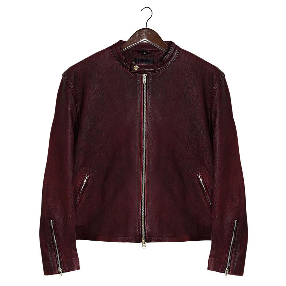 Moto Racer Burgundy Leather Jacket for Men - Genuine Slim Fit