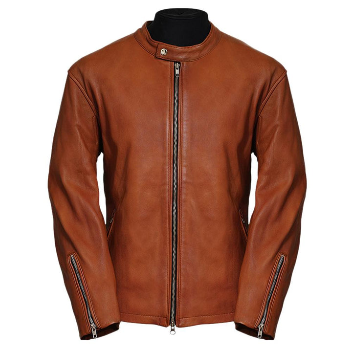 Moto Racer Camel Leather Jacket for Men - Genuine Slim Fit