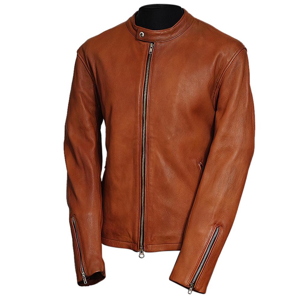 Moto Racer Camel Leather Jacket for Men - Genuine Slim Fit
