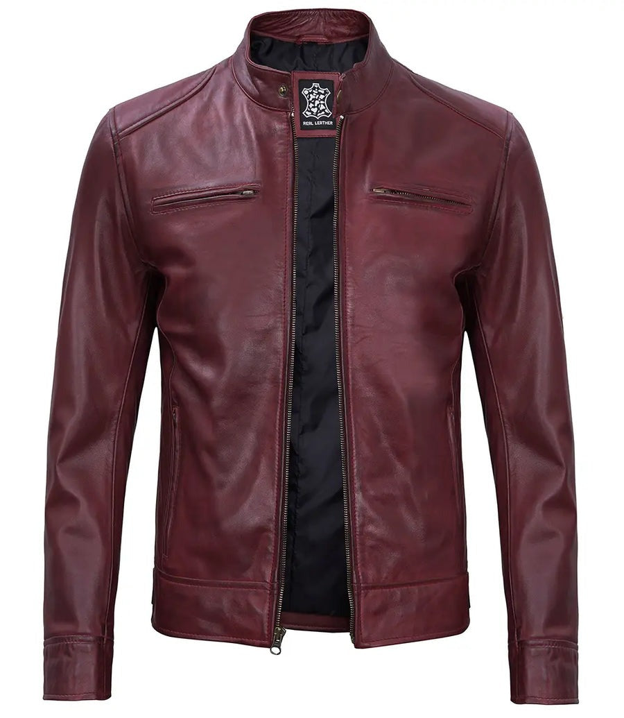 Real Leather Men's Burgundy Cafe Racer Jacket
