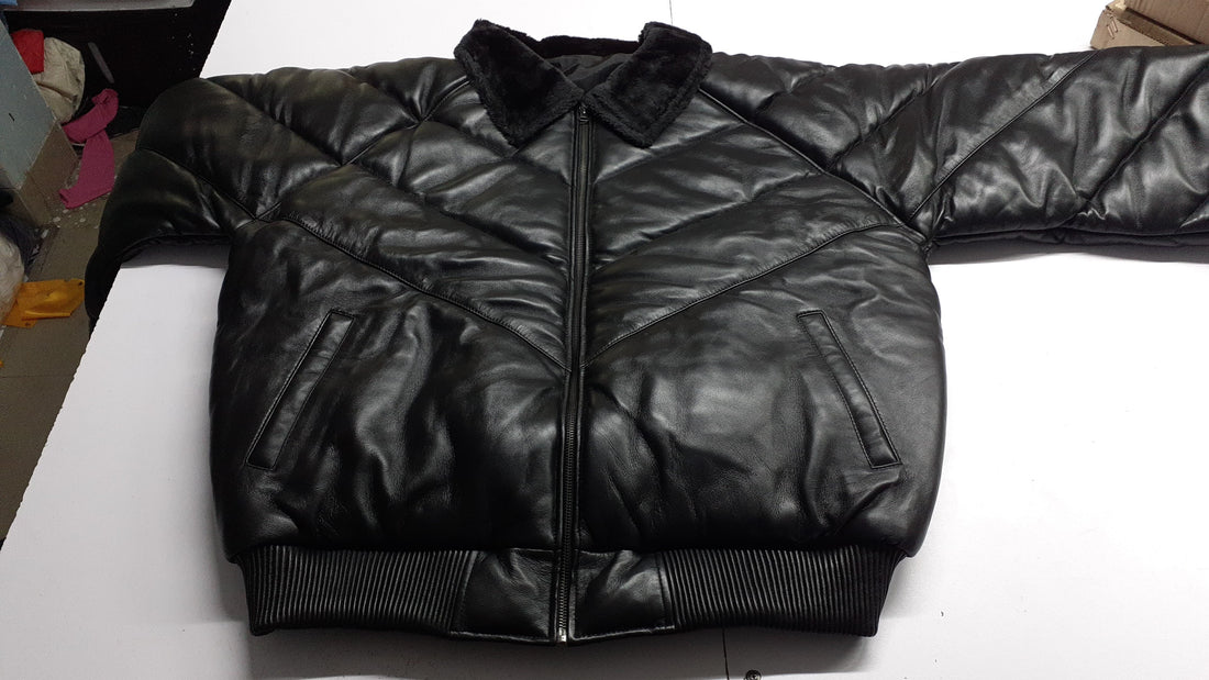 Puffer Padded Fur Bomber Leather Jacket Black