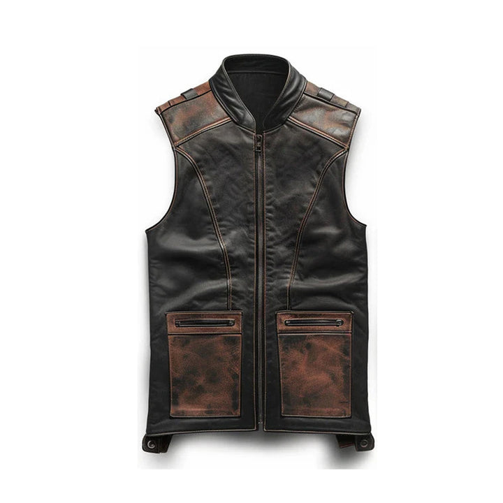 Unisex Brown Black Distressed Motorcycle Leather Vest