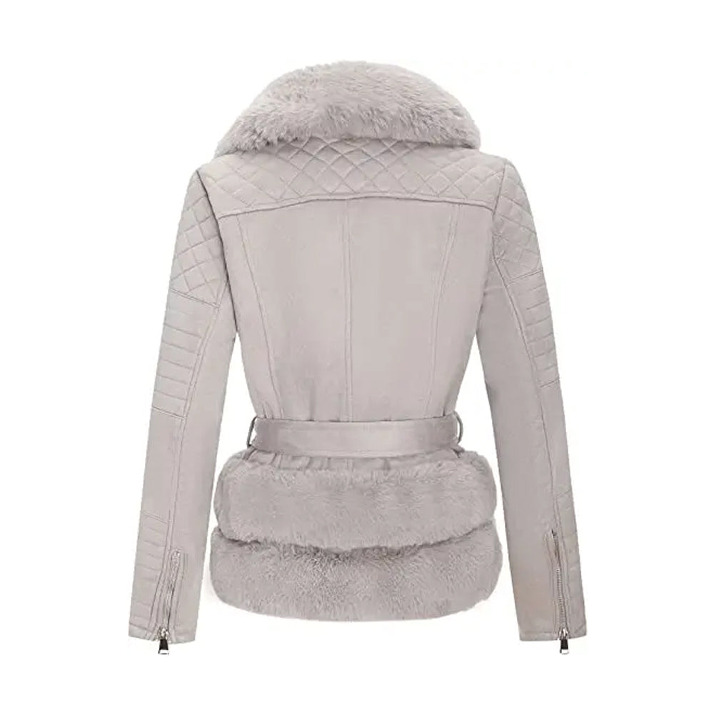 Women’s Gray Quilted Fur Leather Jacket