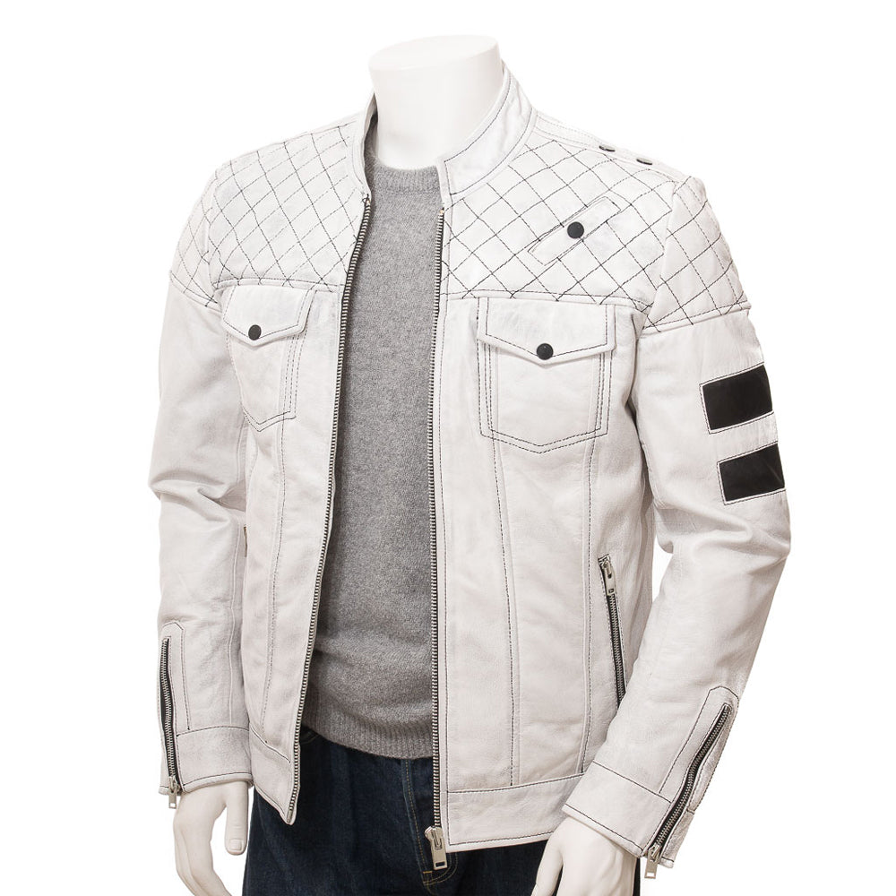 White Fashion Men Biker Leather Jacket