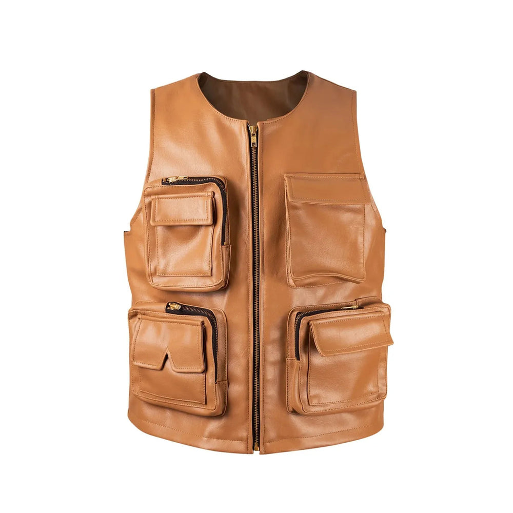 Unisex Camel Brown Leather Hunting Vest