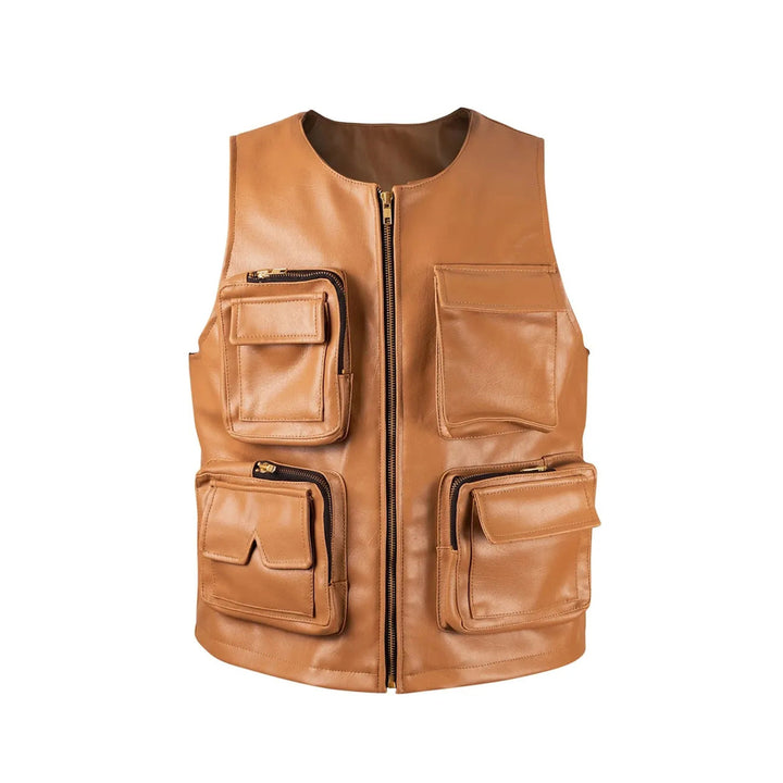 Unisex Camel Brown Leather Hunting Vest